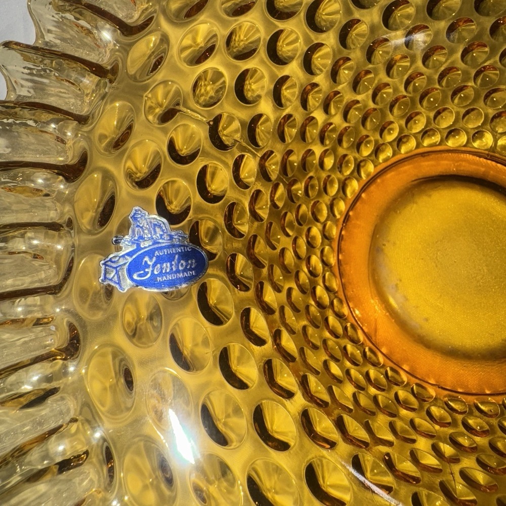 Vtg FENTON AMBER GLASS HOBNAIL RUFFLED EDGE BASKET CANDY DISH 9.5" Tall - Picture 3 of 13